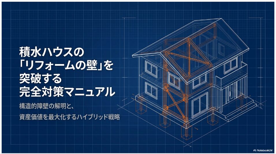 積水ハウスの「リフォームの壁」を突破する完全対策マニュアルのタイトルスライド。構造的障壁の解明と、資産価値を最大化するハイブリッド戦略について。