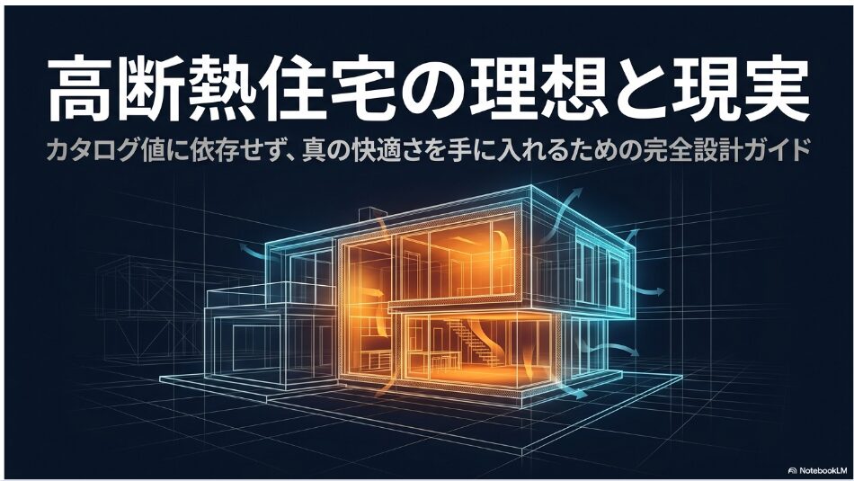 高断熱住宅の理想と現実を示すアイキャッチ画像。カタログ値に依存せず、真の快適さを手に入れるための完全設計ガイドというテーマが記載されています。