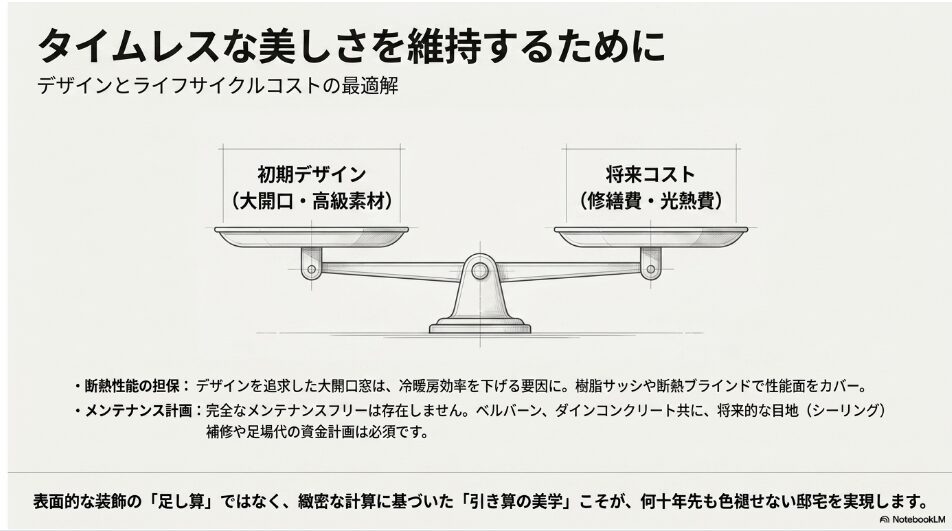 初期デザインと将来コストのバランスを示す天秤のイラスト。断熱性能の担保とメンテナンス計画の重要性を解説したスライド