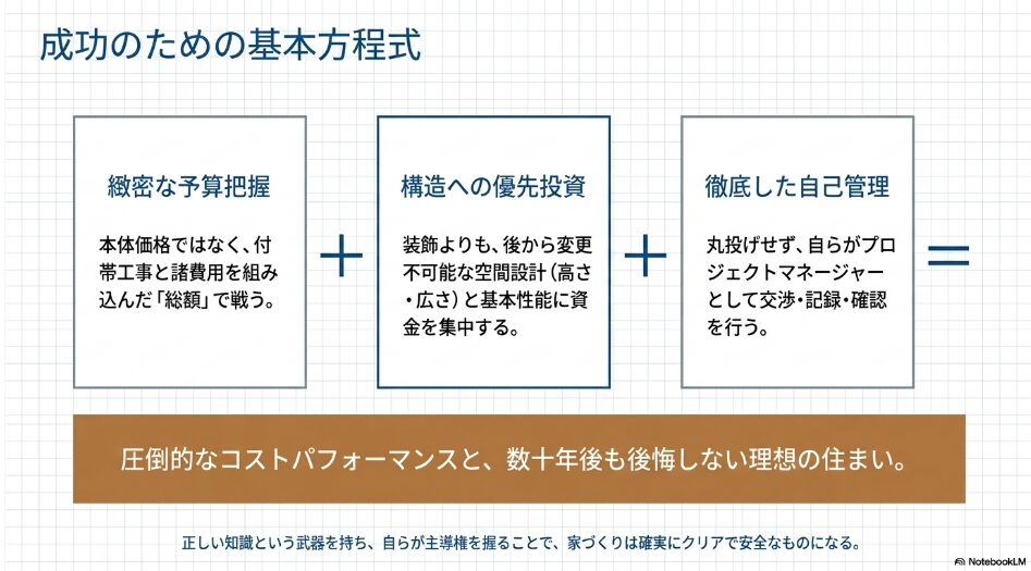 綿密な予算把握、構造への優先投資、徹底した自己管理の3つを掛け合わせることで、圧倒的なコストパフォーマンスと後悔しない理想の住まいが実現することを示す方程式のスライド
