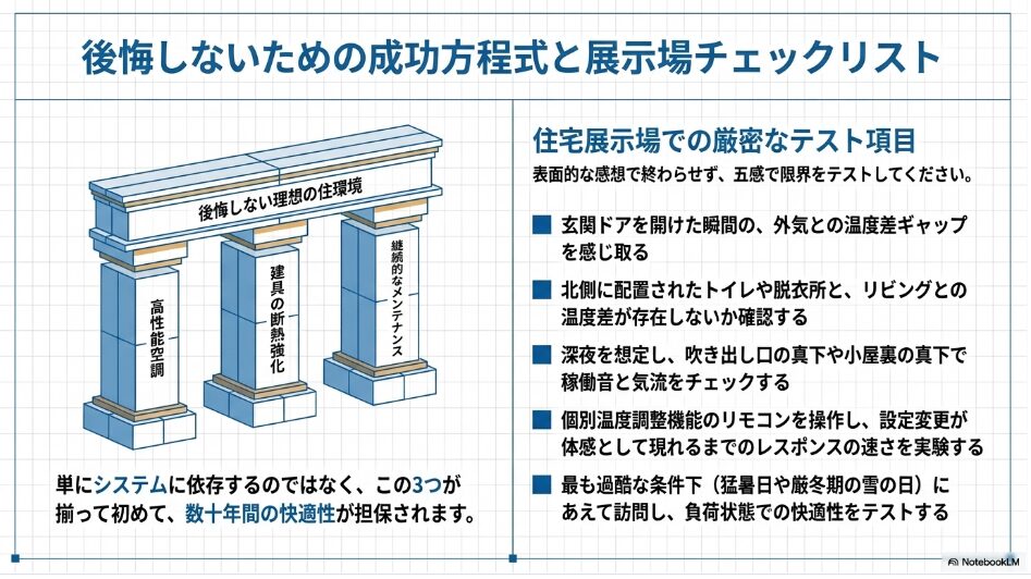 高性能空調、建具の断熱強化、継続的なメンテナンスの3本柱と、住宅展示場での確認すべきチェックリスト