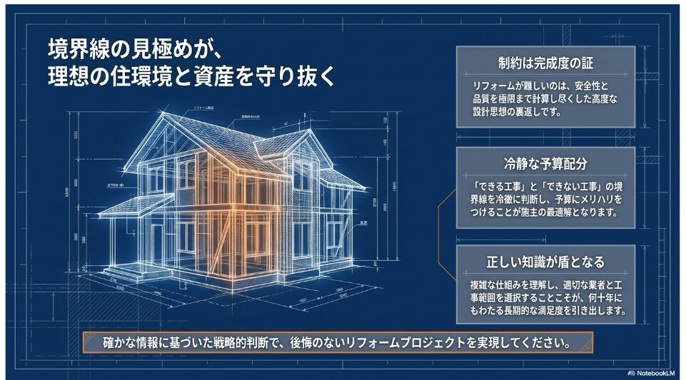 確かな情報に基づいた戦略的判断で、後悔のないリフォームプロジェクトの実現を促す住宅イメージ図。境界線の見極めが、理想の住環境と資産を守り抜くことを強調。