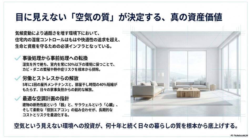 事前処理への転換やメンテナンスからの解放など、最適な空調計画が長期的な暮らしの質を底上げすることを示す結論スライド