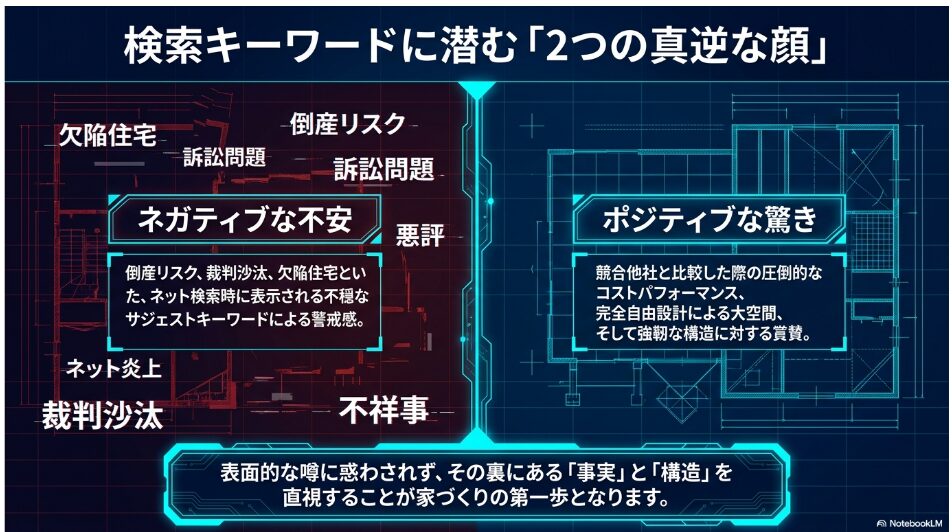 倒産リスクや欠陥住宅といったネガティブな不安と、コストパフォーマンスや完全自由設計といったポジティブな驚きを示す、検索キーワードの真逆な顔の図解