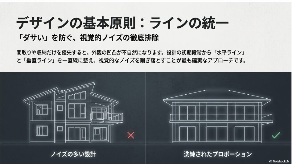 ノイズの多い設計と洗練されたプロポーションの比較図。水平ラインと垂直ラインを整え視覚的ノイズを排除する重要性を解説したスライド