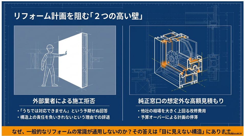 リフォーム計画を阻む「2つの高い壁」を示す図解。外部業者による施工拒否と純正窓口の想定外な高額見積もりについて記載。