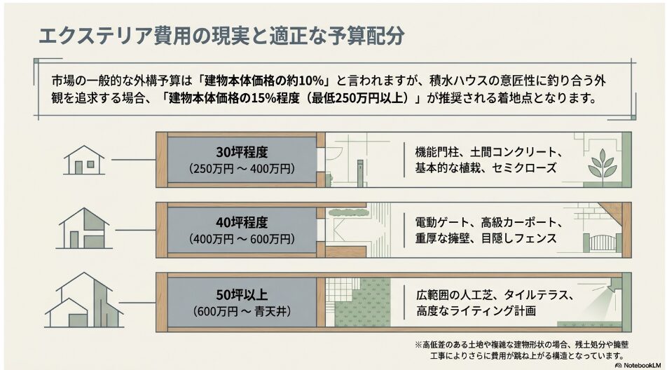 30坪、40坪、50坪以上における積水ハウスの外構費用相場と設備仕様の目安を示す図解