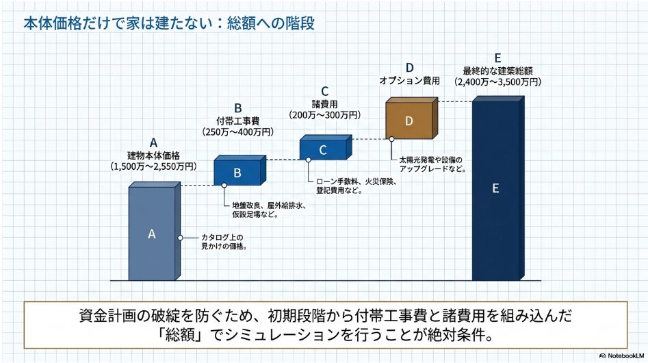 建物本体価格に付帯工事費、諸費用、オプション費用が加算され、最終的な建築総額になることを示す階段状のグラフ