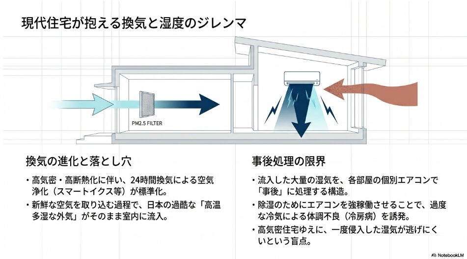 高気密住宅における24時間換気システムの標準化に伴う高温多湿な外気の流入と、個別エアコンによる事後処理の限界を示す図解