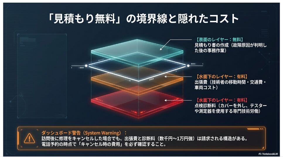 エアコン修理における見積もり無料の境界線を解説した図解。表面上の無料レイヤーである見積もり書作成と、水面下の有料レイヤーである出張費や点検診断料の構造を示している。
