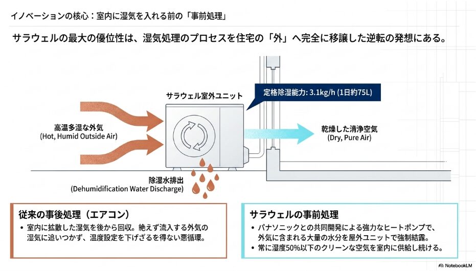 従来のエアコンによる事後処理と、サラウェル室外ユニットでの強制結露による事前処理の違いを比較した構造図