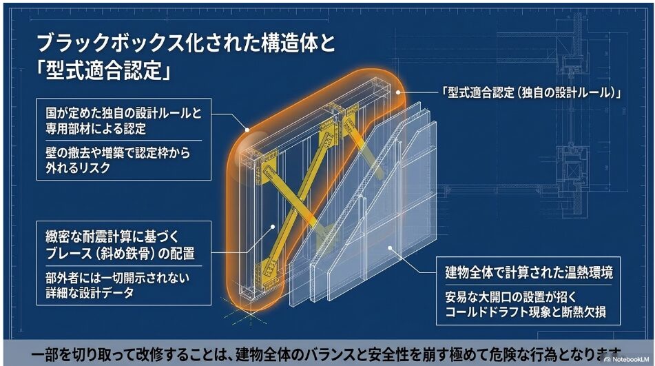 ブラックボックス化された構造体と「型式適合認定」に関する透視図。国が定めた独自の設計ルールと専用部材による認定や、安易な大開口の設置が招くコールドドラフト現象と断熱欠損を図解。