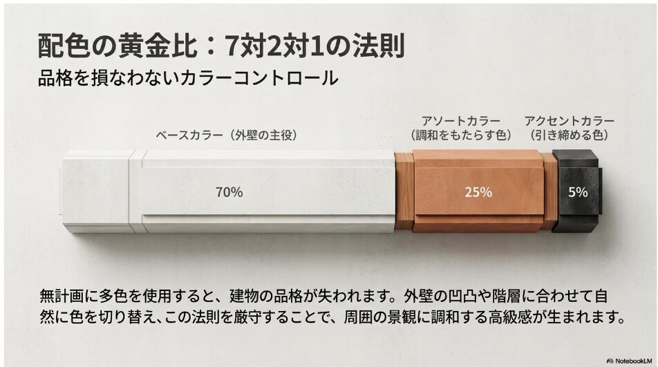 ベースカラー70%、アソートカラー25%、アクセントカラー5%の配色の黄金比を示した図解スライド