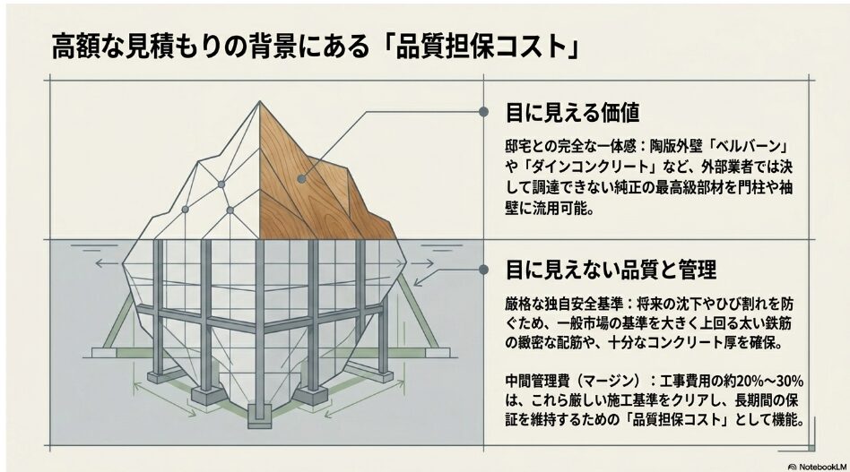 積水ハウスの外構費用に含まれる見えない品質管理や中間マージンを氷山の一角に例えた図解