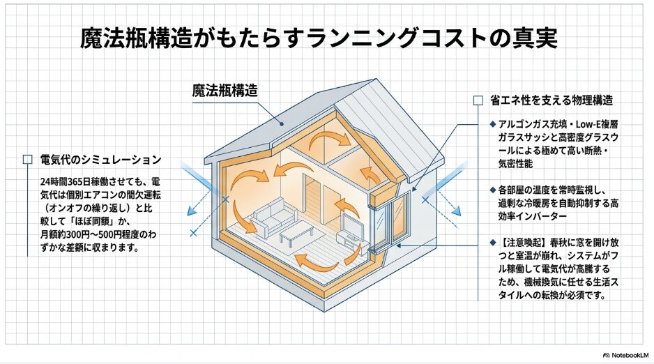 高い断熱性能と気密性能を持つ魔法瓶構造の住宅において、全館空調が効率よく稼働する仕組みの図解