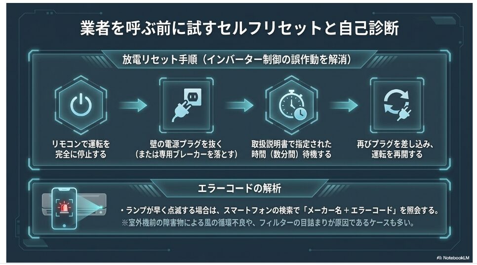 エアコンの運転停止からプラグを抜いて待機し、再通電するまでの放電リセット手順と、ランプ点滅時のエラーコード解析の重要性をまとめた自己診断フロー図。