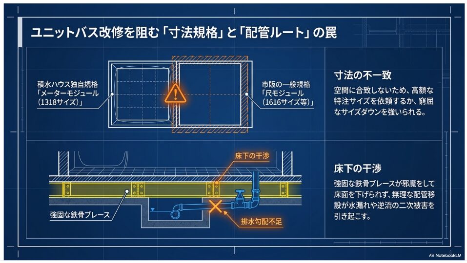 ユニットバス改修を阻む「寸法規格」と「配管ルート」の罠を図解。積水ハウス独自規格「メーターモジュール(1318サイズ)」と市販の一般規格「尺モジュール」の不一致、床下の強固な鉄骨ブレースの干渉による排水勾配不足について。