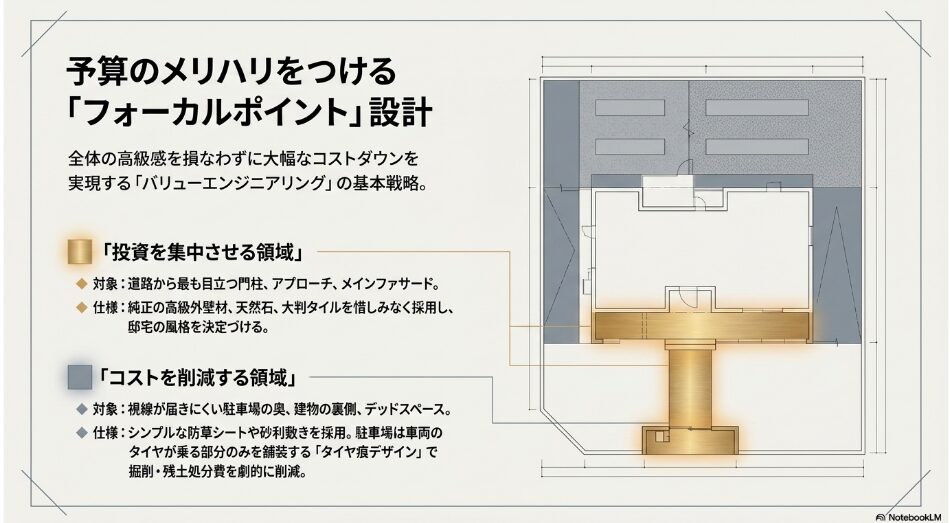 道路から目立つ門柱やアプローチに投資を集中させ、デッドスペースのコストを削減する外構設計の図解