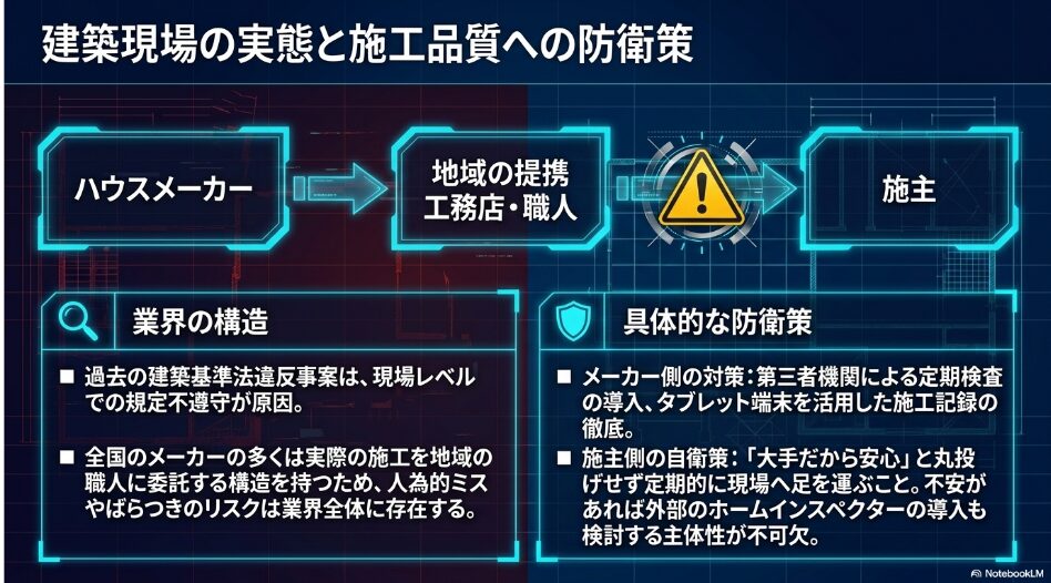 地域の提携工務店や職人に委託するハウスメーカーの業界構造と、第三者機関の検査や施主の主体的な確認など具体的な品質防衛策の図解