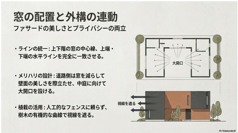 窓の配置と外構の連動を示す平面図と立面図。道路側の視線を遮り中庭に大開口を設ける設計を解説したスライド