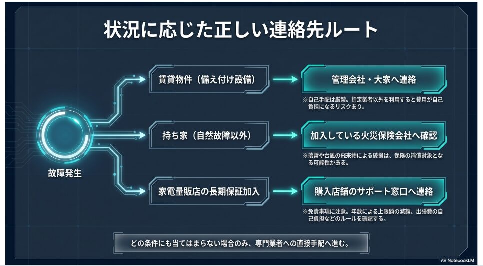 エアコン故障時に、賃貸物件なら管理会社、持ち家なら火災保険会社、長期保証加入なら購入店舗など、状況に合わせて適切な連絡先へ分岐する対応ルートを示したフローチャート。