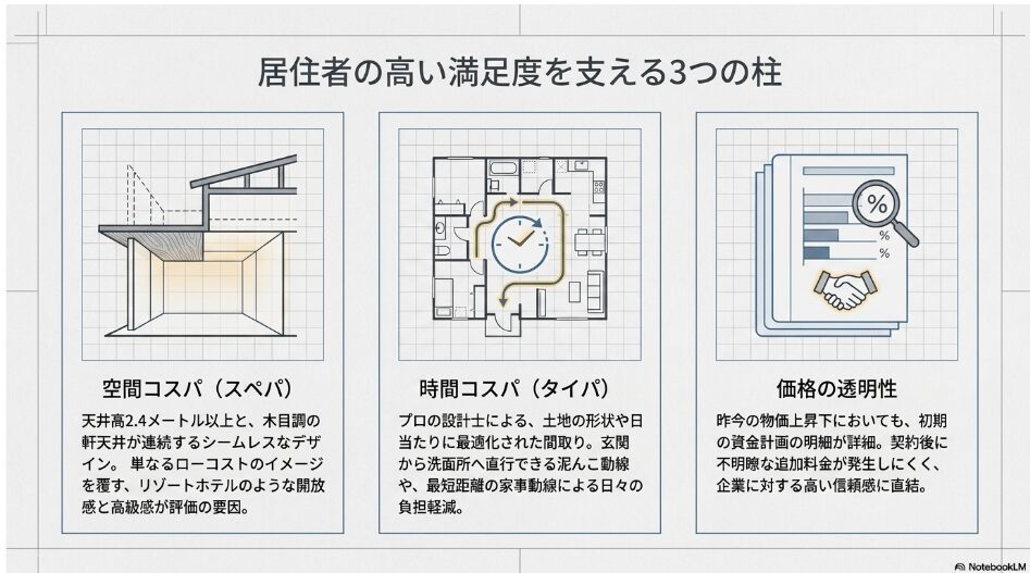 アキュラホームの分譲住宅について、空間コスパ、時間コスパ、価格の透明性という3つの観点を整理した図解