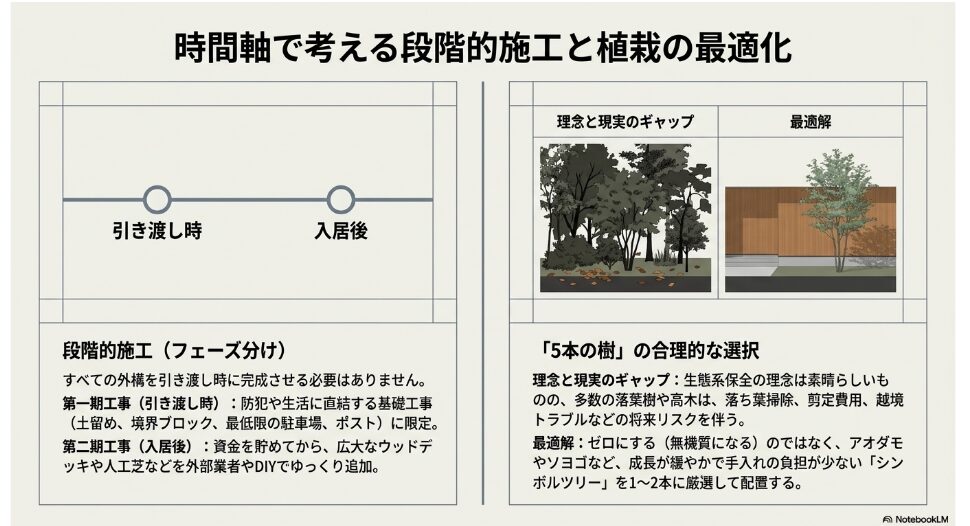 外構工事を引き渡し時と入居後に分ける段階的施工と、手入れの負担を考慮したシンボルツリー厳選の図解