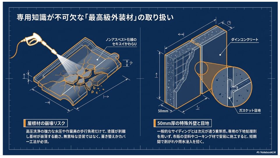 専用知識が不可欠な「最高級外装材」の取り扱いに関する図解。ノンアスベスト仕様のセキスイかわらUの屋根材の崩壊リスクや、50mm厚の特殊外壁ダインコンクリートとガスケット目地について解説。