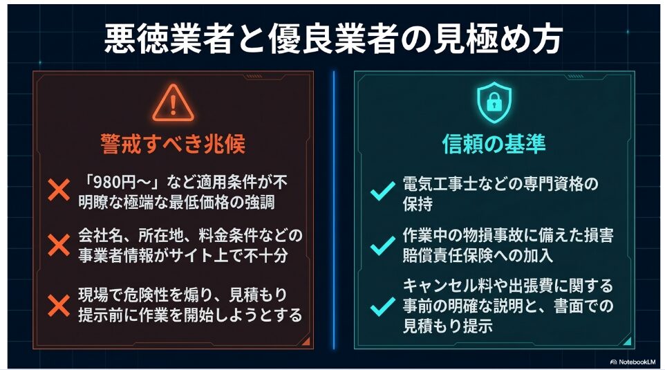 激安価格の強調や事前作業の強要といった悪徳業者の警戒サインと、専門資格の保持や損害賠償保険への加入といった優良業者を見極めるための信頼基準を対比させた解説図。