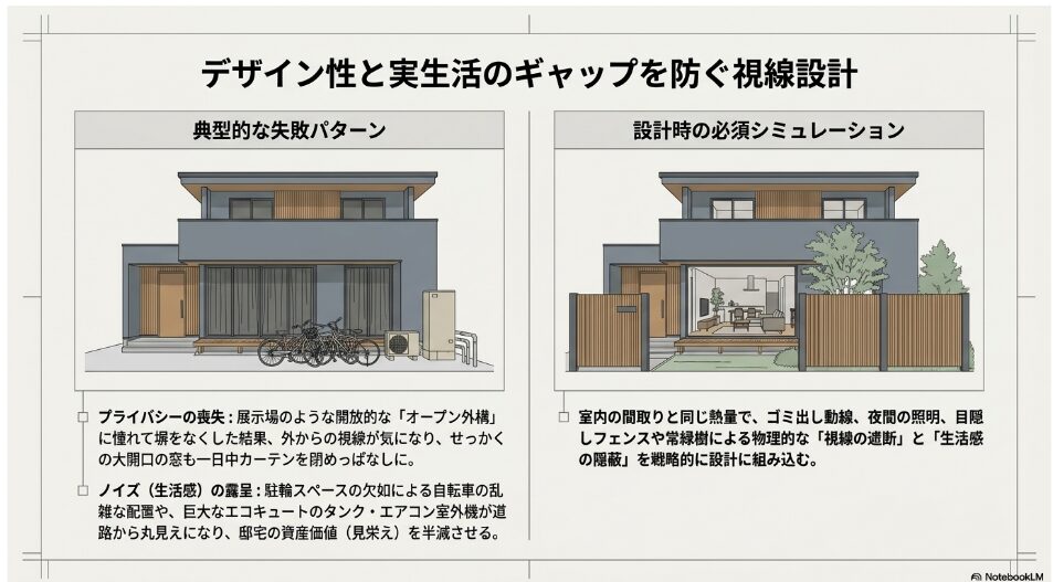 プライバシーの喪失や駐輪スペース不足など、外構デザインと実生活のギャップによる典型的な失敗パターンを示す図解