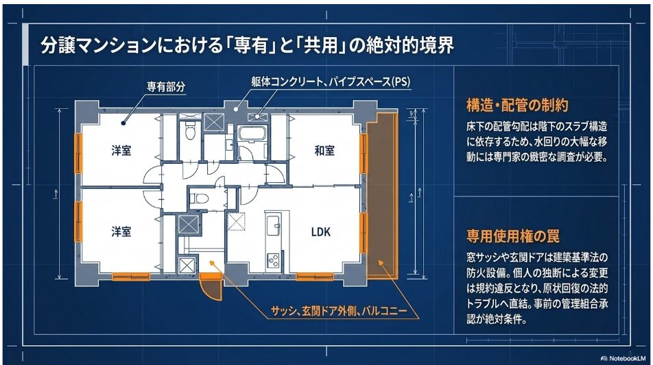 分譲マンションにおける「専有」と「共用」の絶対的境界を示す間取り図。専有部分の洋室や和室と、共用部分である躯体コンクリートやパイプスペース(PS)、サッシ、玄関ドア外側、バルコニーの区分。