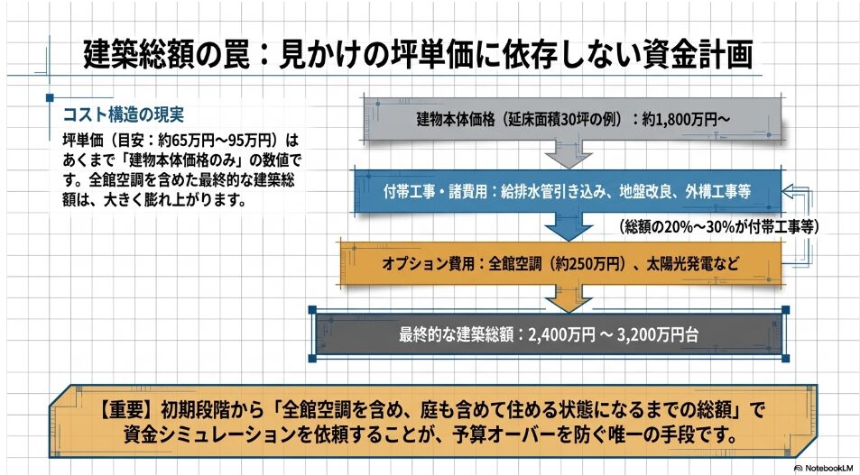 建物本体価格に付帯工事費や全館空調などのオプション費用が加算され、最終的な建築総額が膨らむコスト構造の図解