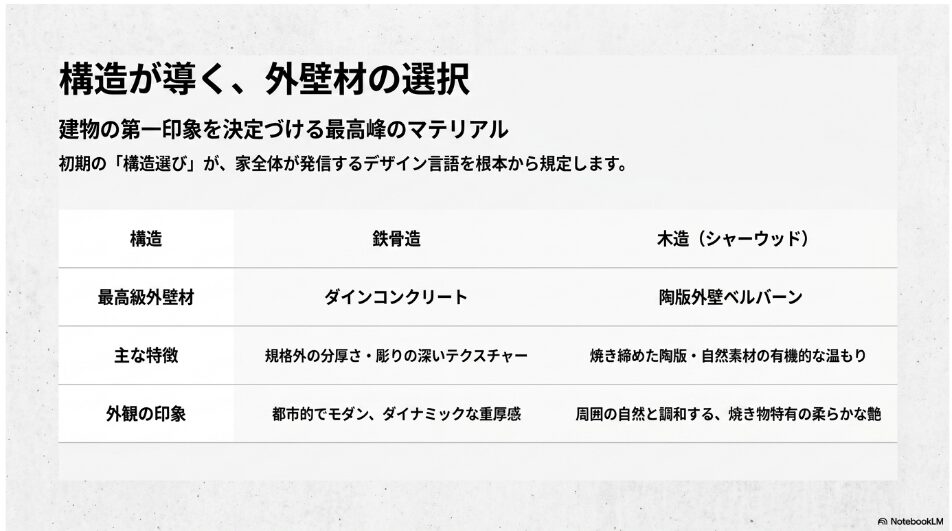鉄骨造のダインコンクリートと木造シャーウッドのベルバーンの特徴と外観の印象を比較した表のスライド