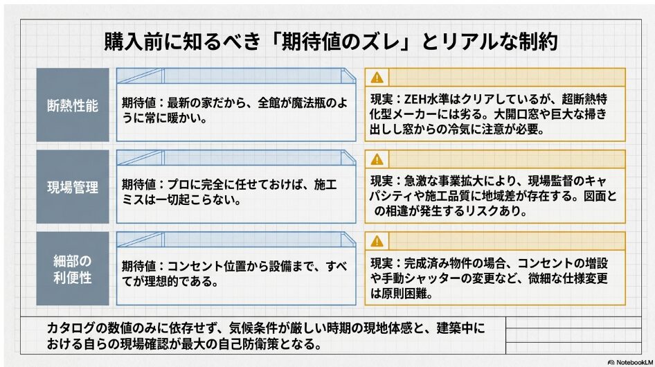 アキュラホームの建売購入前における、断熱性能、現場管理、細部の利便性に対する過度な期待と実際の現実とのギャップをまとめたスライド
