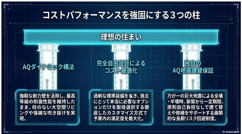 AQダイナミック構法による大空間、完全自由設計によるコスト最適化、独自のAQ地震建替保証という、アキュラホームの理想の住まいを実現する3つの柱