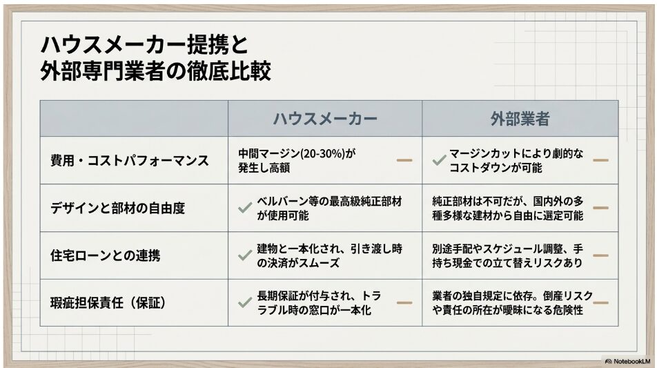 費用、デザイン自由度、住宅ローン、保証の観点からハウスメーカー提携業者と外部専門業者を比較した表