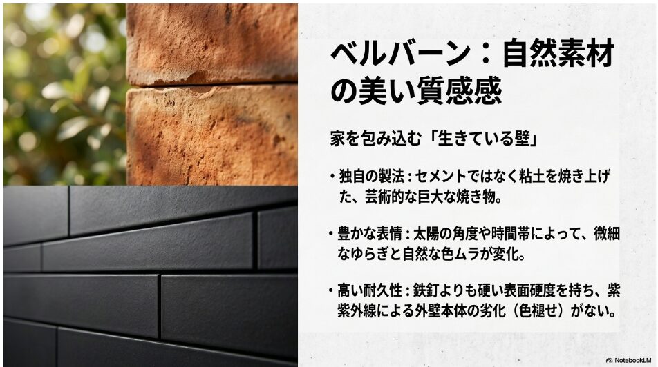 ベルバーンの質感を示す画像。粘土を焼き上げた独自の製法による生きている壁としての魅力を解説したスライド