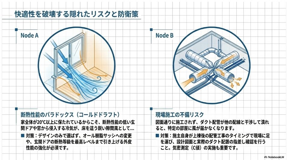 断熱性能の低い窓やドア付近で冷やされた空気が床へ下降するコールドドラフト現象と断熱対策の解説
