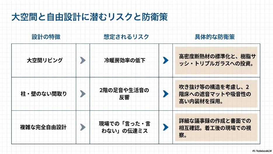 大空間リビングの冷暖房効率低下や、柱のない間取りでの音の反響、伝達ミスといったリスクに対する具体的な防衛策をまとめた表