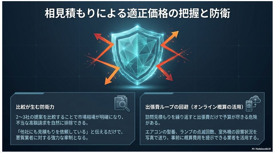 複数の業者を比較して市場相場を把握するメリットと、オンラインでの写真概算見積もりを活用して訪問出張費の連続発生を防ぐための防衛プロセスを図解したもの。