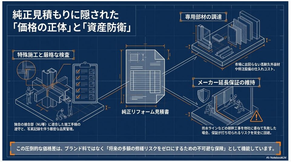 純正見積もりに隠された「価格の正体」と「資産防衛」を示す図。特殊施工と厳格な検査、専用部材の調達、メーカー延長保証の維持について記載。