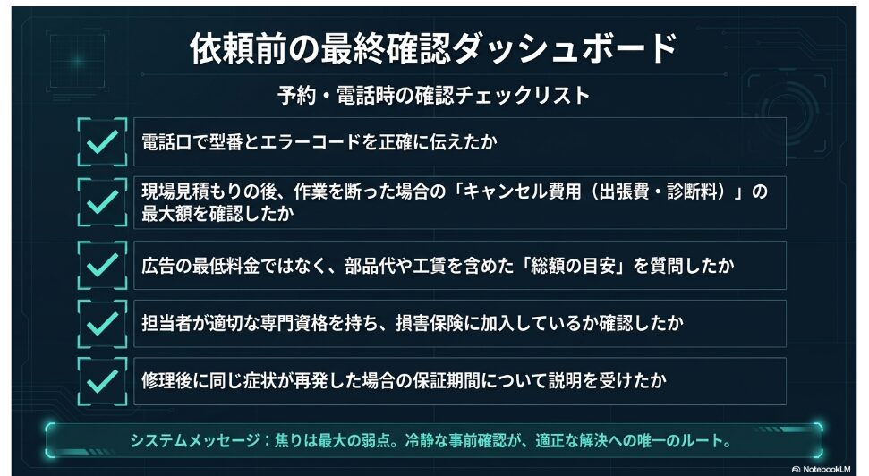業者への電話や予約時に確認すべき、型番の伝達、キャンセル費用の最大額、総額の目安、担当者の資格や保険、再発時の保証など5つの重要項目をまとめた最終確認リスト。