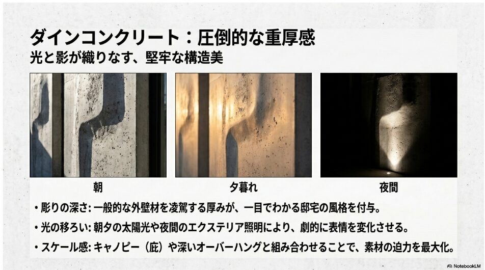 ダインコンクリートの朝、夕暮れ、夜間の光の移ろいを示す画像。彫りの深さが生み出す堅牢な構造美を解説したスライド