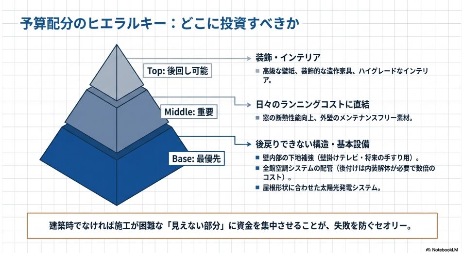構造や基本設備を最優先し、次にランニングコスト、最後に装飾やインテリアに投資すべきであることを示すピラミッド型の図