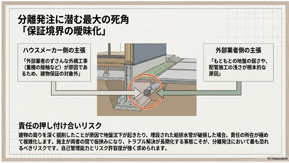 外構を外部業者に分離発注した際に発生しうる、建物の保証対象外リスクや責任の押し付け合いに関する図解