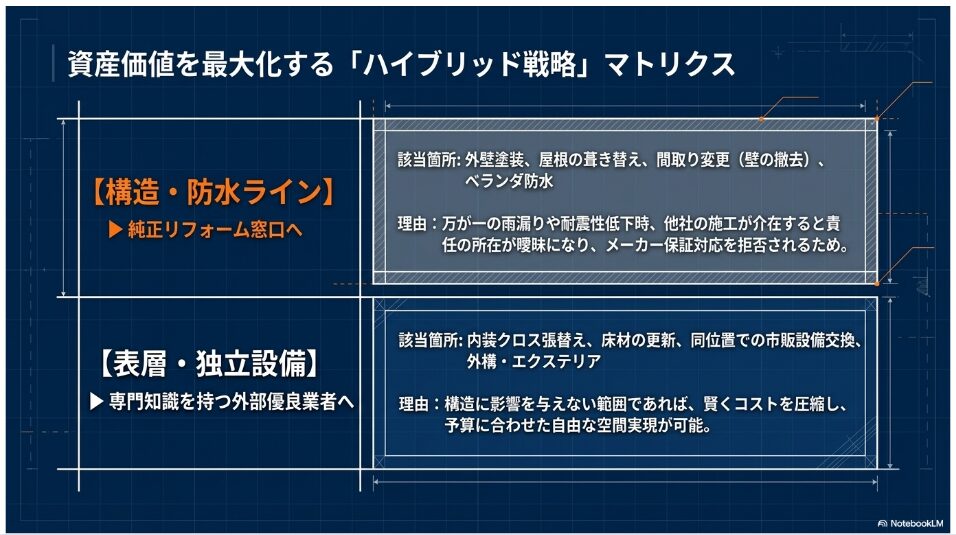 資産価値を最大化する「ハイブリッド戦略」マトリクス。構造・防水ラインは純正リフォーム窓口へ、表層・独立設備は専門知識を持つ外部優良業者へ依頼する理由を解説。