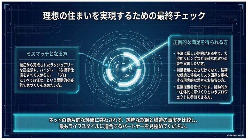 受動的でハイグレードな標準仕様をすべて求めるミスマッチな方と、能動的で強靭な構造やコスト最適化を重視する満足できる方の条件を比較した最終チェック図