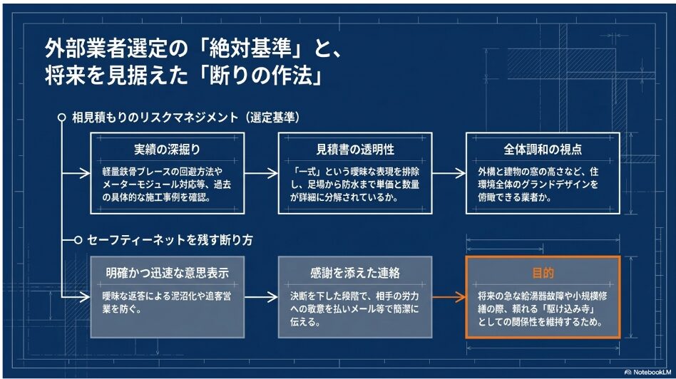 外部業者選定の「絶対基準」と、将来を見据えた「断りの作法」のポイント。相見積もりのリスクマネジメント(選定基準)とセーフティーネットを残す断り方について。