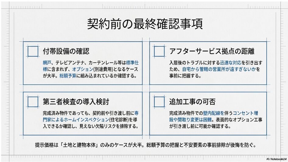 オプションとなる付帯設備の確認、アフターサービス拠点の距離、追加工事の可否、第三者検査の導入など、建売住宅の契約前に後悔を防ぐための必須確認事項リスト