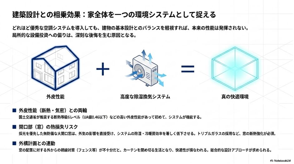 断熱等級6レベルの外皮性能や窓の断熱強化、視線対策を考慮した外構計画など、家全体を一つの環境システムとして捉える重要性を示す図解
